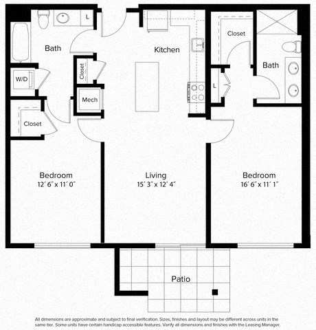 Floor plan for 2 beds, 2 baths, 1004 sqft